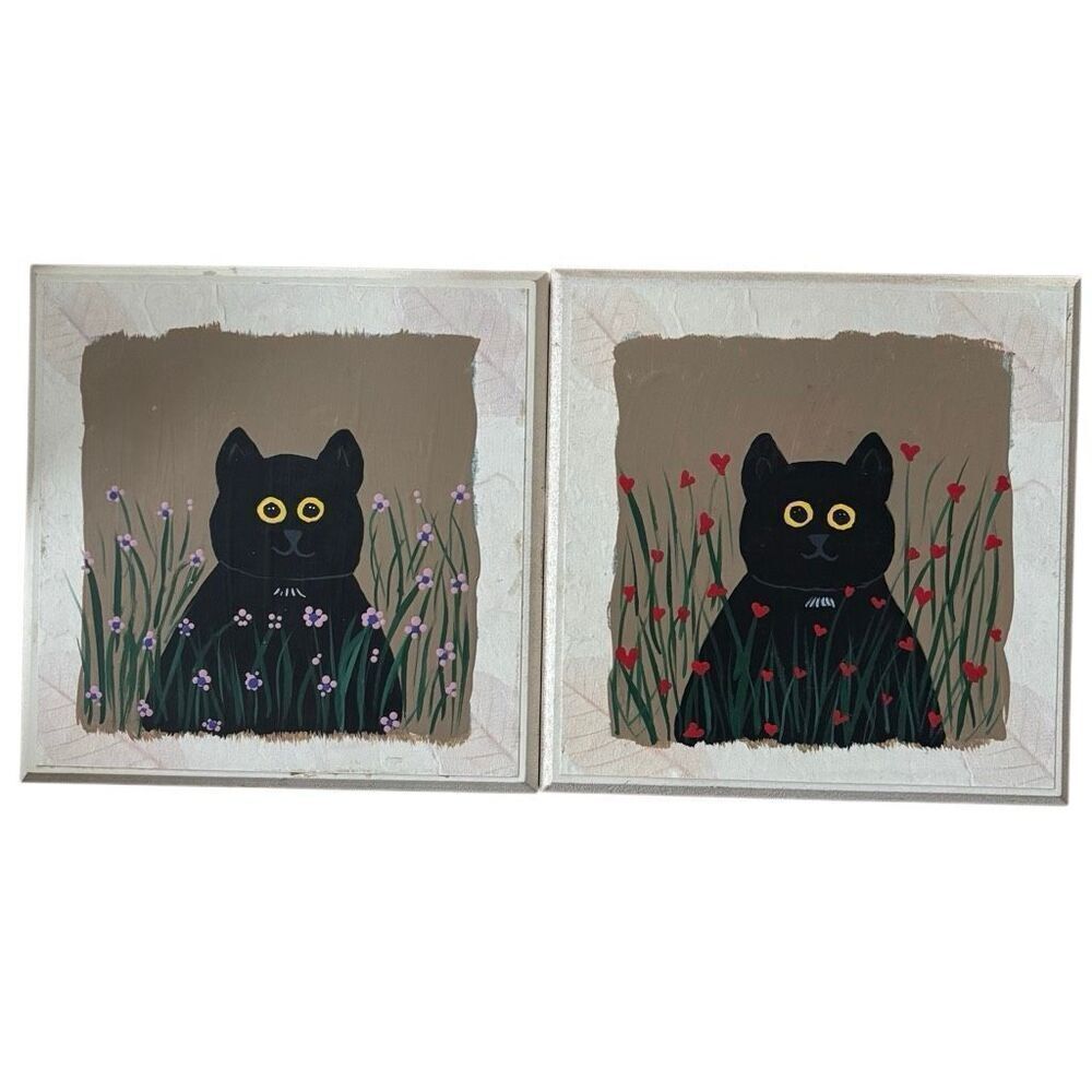 2 Wooden Tile Cat Paintings